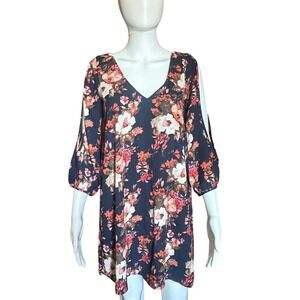 Lulus Floral Print Dress V-Neck Cold‎ Shoulder 3/4 Sleeve Mini S